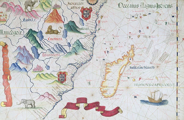 Madagascar and East African Coastline, detail from a world atlas, 1565 (vellum)