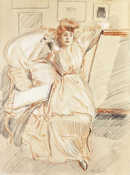 Madame Helleu Resting, (red and white chalks on paper)