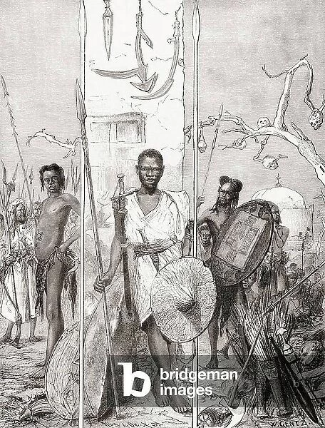 Mahdi warriors with their wMahdi warriors with their weapons. From La Ilustracion Iberica, published 1884 (engraving)