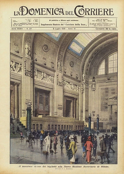 The majestic ticket hall at the New Railway Station in Milan (colour litho)