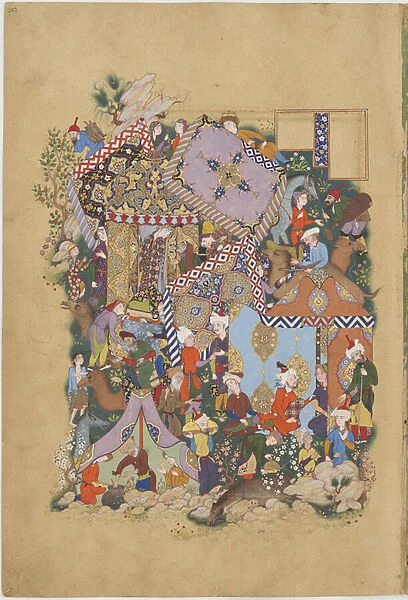 Majnun approaches the camp of Laylis caravan, illustration from a Haft Awrang