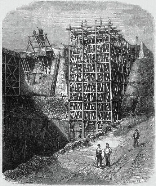 Making of slate tile in Angers, France, drawing by Blanchard after photo by Berthault, 1867