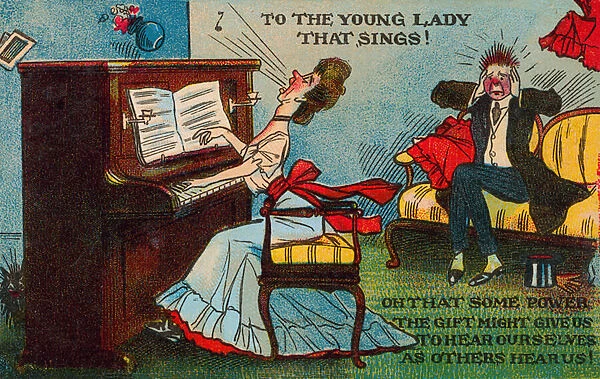 Man annoyed by the loud singing of a woman at a piano (chromolitho)