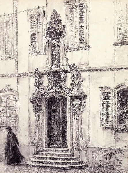 A Man Descending the Stairway of a Building Decorated with a Baroque Portal