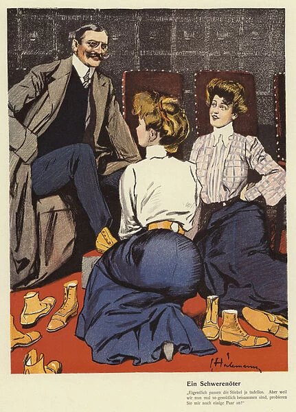Man enjoying the attentions of two female shop assistants at a shoe shop (colour litho)