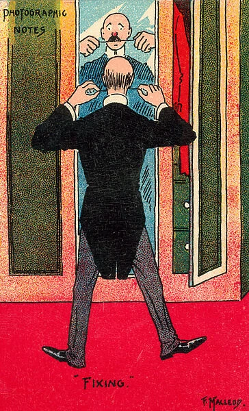 Man fixing his moustache in the mirror (colour litho)