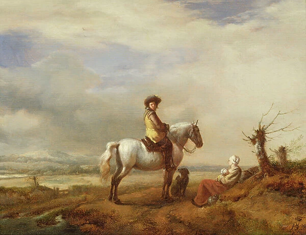 Man on a horse with a woman and child (oil on panel)
