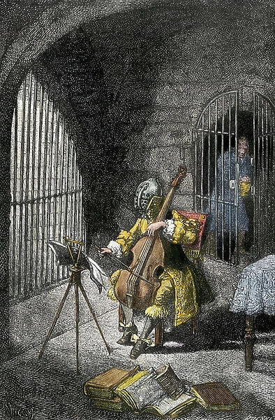 The man with the iron mask playing the cello in his cell - Illustration for the novel 'The Viscount of Bragelonne' by Alexandre Dumas pere (1802-1870) - Colorised engraving 19th century - Scene from Alexandre Dumas 'story