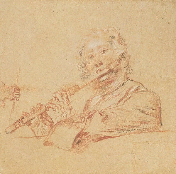 Man Playing a Flute, c. 1710 ( aux trois crayons on buff paper)