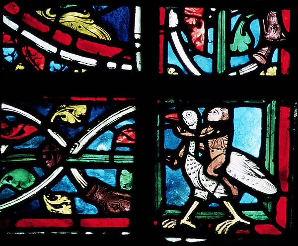 Man riding a bird, 13th century (stained glass)