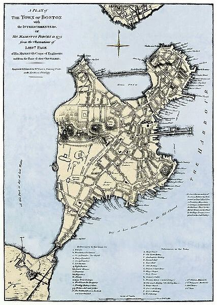 Map of Boston (Massachusetts, USA), with British forces retreats, in 1775. (War of Independence of the United States, 1776-1783). 19th century lithography