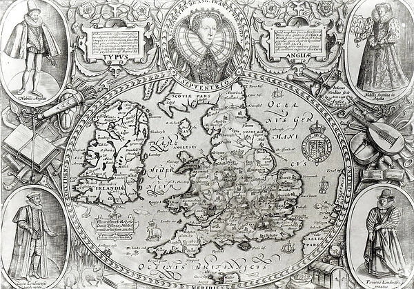 Map of England during the reign of Queen Elizabeth I, 1590 ( engraving) (b  /  w photo)