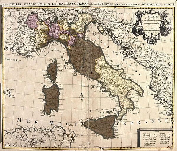 Map of Italy, with Corsica, Sardinia and Sicily (etching, 1730)