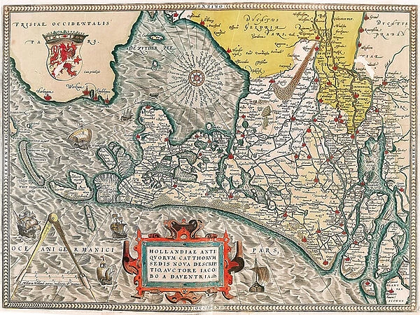 Map of the Netherlands with the cities of Amsterdam and Haarlem, 1570 (engraving)