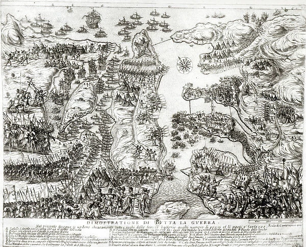 Map of the Siege of Malta in 1565 (engraving) (b  /  w photo)