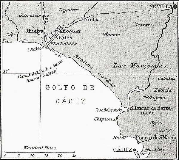 Map of the Spanish coast from Huelva to Cadiz. From the book Life of Christopher Columbus by Clements R. Markham published 1892