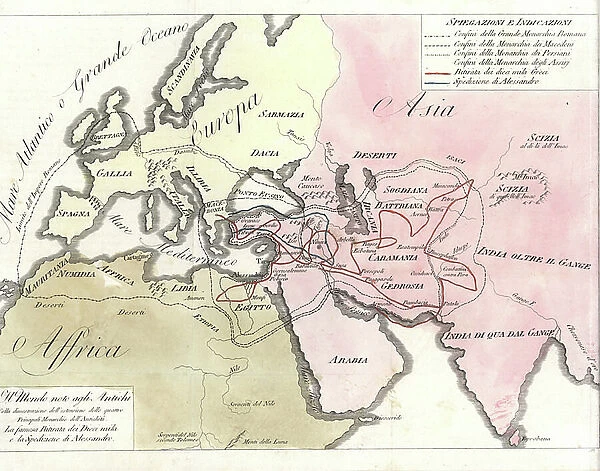 Map of the world showing the boundaries of the Roman, Macedonian, Persian and Assyrian Empires. Handcoloured copperplate engraving by Andrea Bernieri from Giulio Ferrario's Ancient and Modern Costumes of all the Peoples of the World, 1843