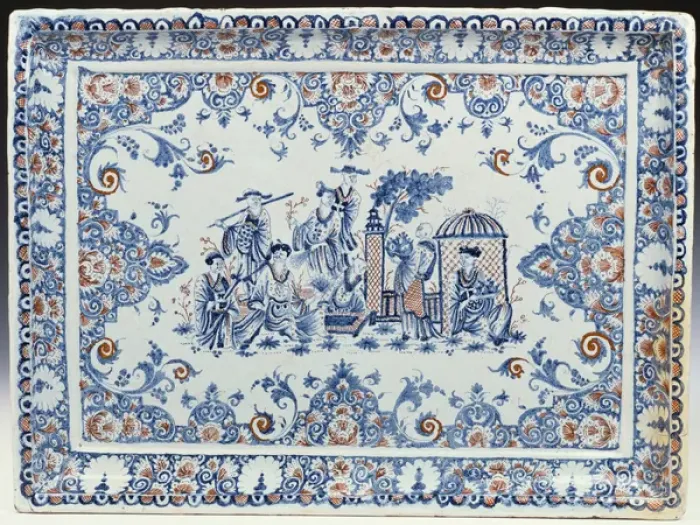 Framed Print : A Rouen rectangular ceramic tray, painted in blue and iron-red Framed Print : A Rouen rectangular ceramic tray, painted in blue and iron-red