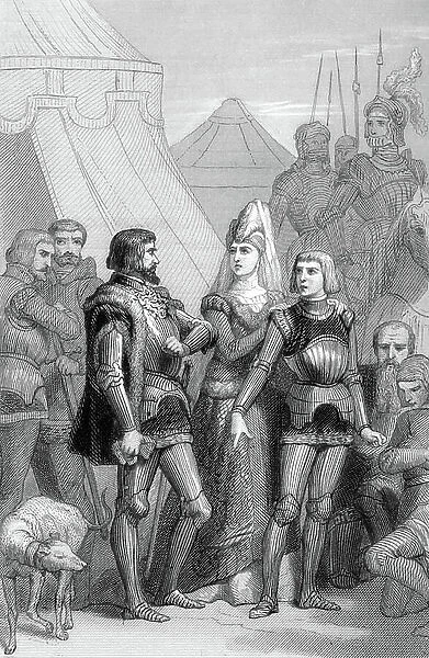 Margaret of Anjou and her son Edward of Westminster meet Richard Neville Count of Warwick at St Albans on 17th February 1461 (engraving)