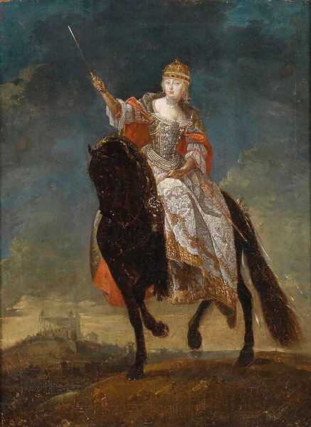 Marie Therese (archiduchesse, imperatrice d Autriche, 1717-1780), reine de Hongrie sur la colline de Presbourg (actuelle Bratislava, Slovaquie). Representee a cheval, brandissant une epee