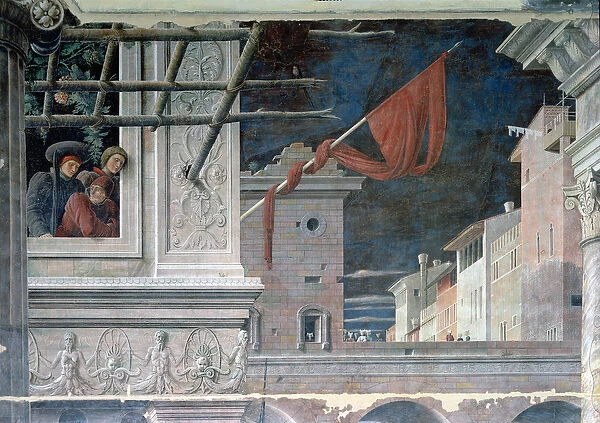 The Martyrdom of St. Christopher, detail of the buildings, c. 1450-56 (fresco)
