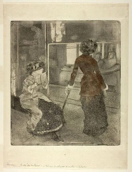 Mary Cassatt at the Louvre: The Etruscan Gallery, 1879-80 (soft ground etching, drypoint