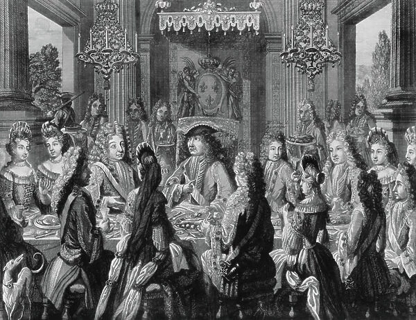 Meal for wedding of Charles de France, duke of Berry (Louis XIV's grandson) with Marie Louise Elisabeth d'Orleans in Versailles, july 6, 1710 : c : Louis XIV, French king, on r with glass : his grandson Louis duke of Bourgogne (1682-1712), engraving