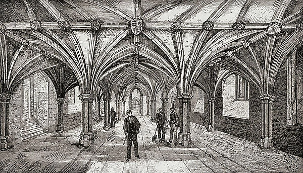 The medieval crypt of Guildhall, London, England in the 19th century, 1890 (print)
