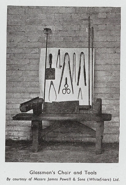 Medieval glassman's chair and tools (b / w photo)