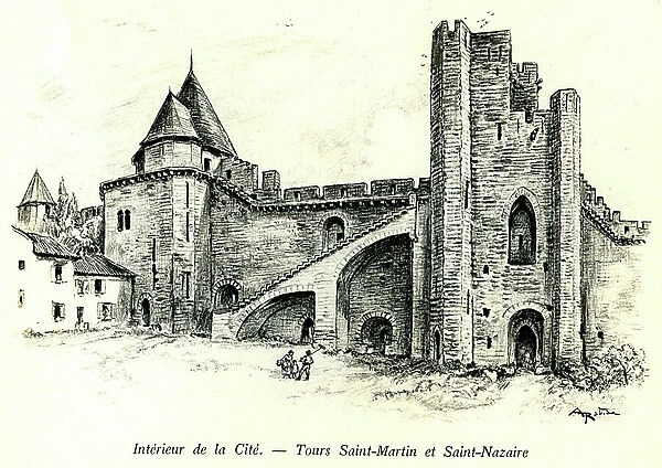 Medievale Cite de Carcassonne (Aude, Languedoc, Pays Cathare) - Tours Saint Martin (Saint Martin) and Saint Nazaire (Saint Nazaire) with houses built against the ramparts - romantic engraving by Albert Robida (1848-1926)