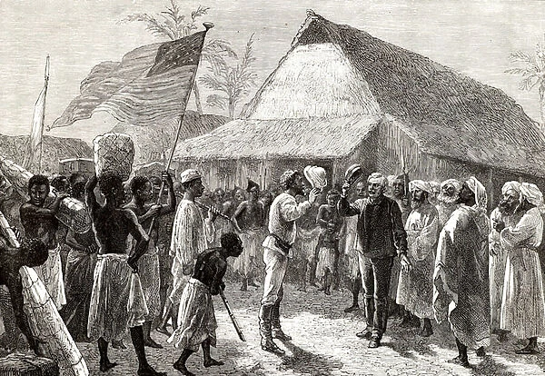 The meeting of David Livingstone and Henry Morton Stanley on Lake Tanganyika, November 3, 1871, illustration from Heroes of Britain by Edwin Hodder, c. 1880 (engraving)