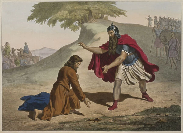 The meeting of Jacob and Esau, illustration from a catechism L