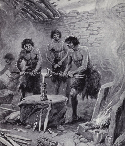 Men working in a foundry during the Bronze Age (litho)