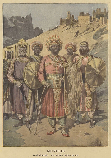 Menelik, Negus of Abyssinia (colour litho)