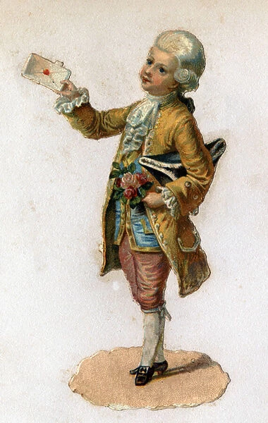 A messenger (18th century) carrying a sealed letter. Chromolithography around 1890