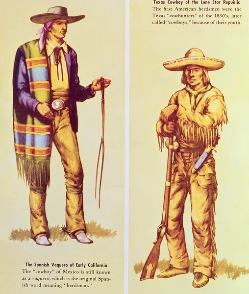 A Mexican Vaquero and an American Cowboy (colour litho)