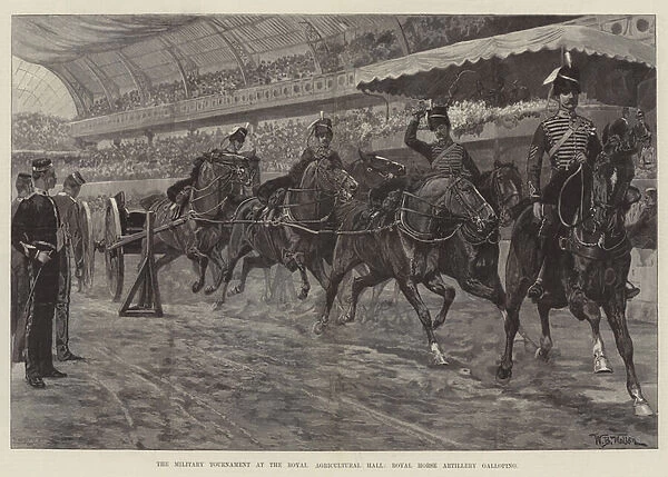 The Military Tournament at the Royal Agricultural Hall, Royal Horse Artillery galloping (engraving)