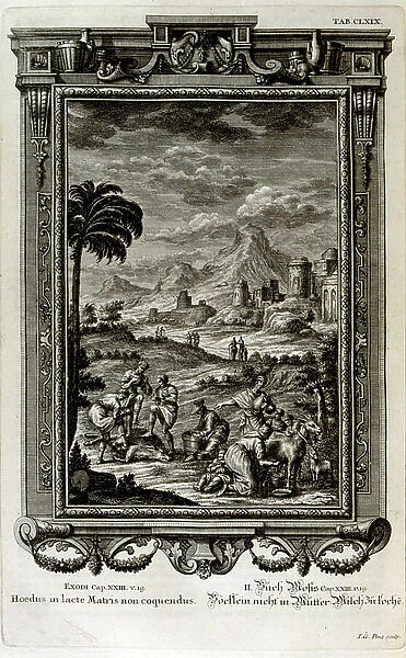 milking goats and slaying a wild boar, 18th century (engraving)