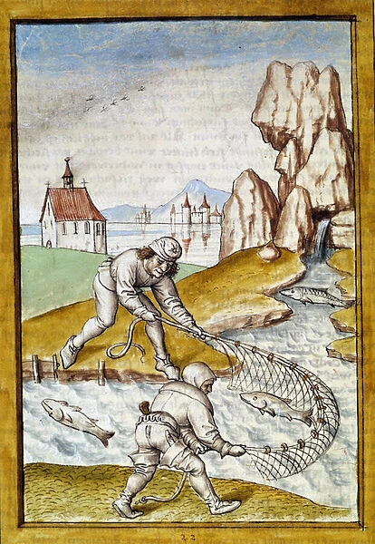 Miniature net fishing from a German translation of the fables of '