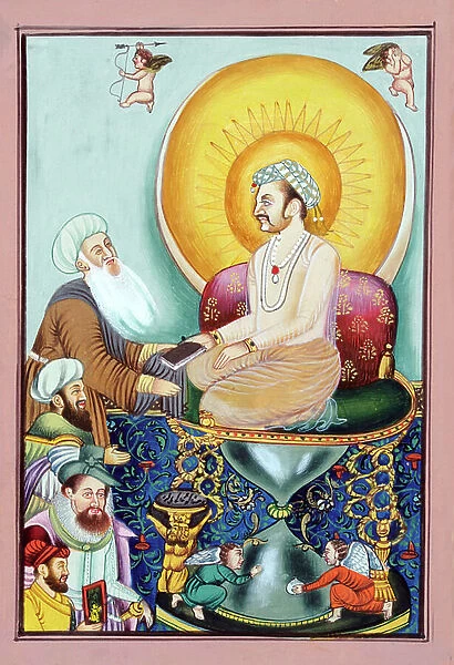 Miniature Painting of Abul Fazl Presenting Akbar Name To Mughal Emperor Akbar