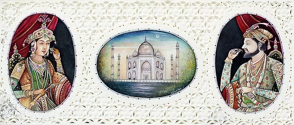 Miniature Painting of Mughul Emperor Shah Jahan with Wife Mumtaj Mahal