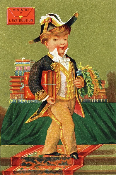 Minister of Education: child holding books and laurel wreaths. Series of 11 chromolithographs on a dore background: The Ministers. Unknown printer and publisher. Around 1880. Size: 11 x 7.5 cm