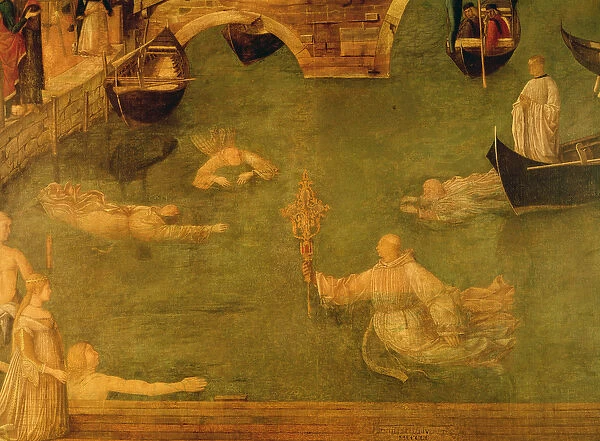 Miracle of the Cross at the Bridge of S. Lorenzo, detail of monks swimming, 1500