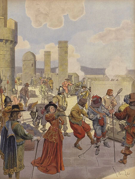 Mlle de Montpensier, at the Bastille, commanding the firing of cannon on the army of King Louis XIV (colour litho)