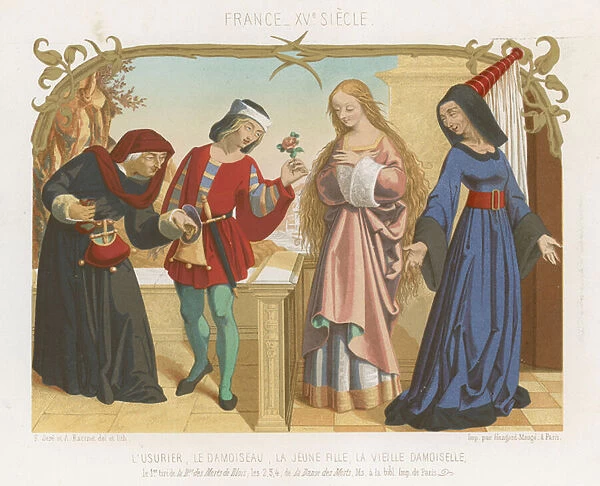 Money lender, squire, a young woman and an old woman (chromolitho)
