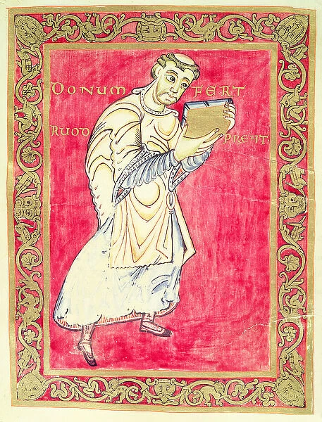 The monk Ruodprehet presenting his book, from the Psalter of Egbert