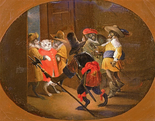 Monkeys disguised as soldiers, bringing them to a cat officer (oil on canvas)
