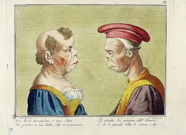 Monstrous couple. Grotesque caricature by Carlo Lasinio (1759-1838) based on a series of drawings by Leonardo Da Vinci, 18th century