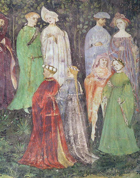 The Month of June, detail of noblemen and women walking, c. 1400 (fresco)