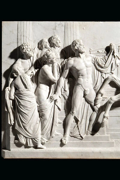 Detail from a monumental relief of Alexander taming Bucephalus, c. 1850-59 (marble)
